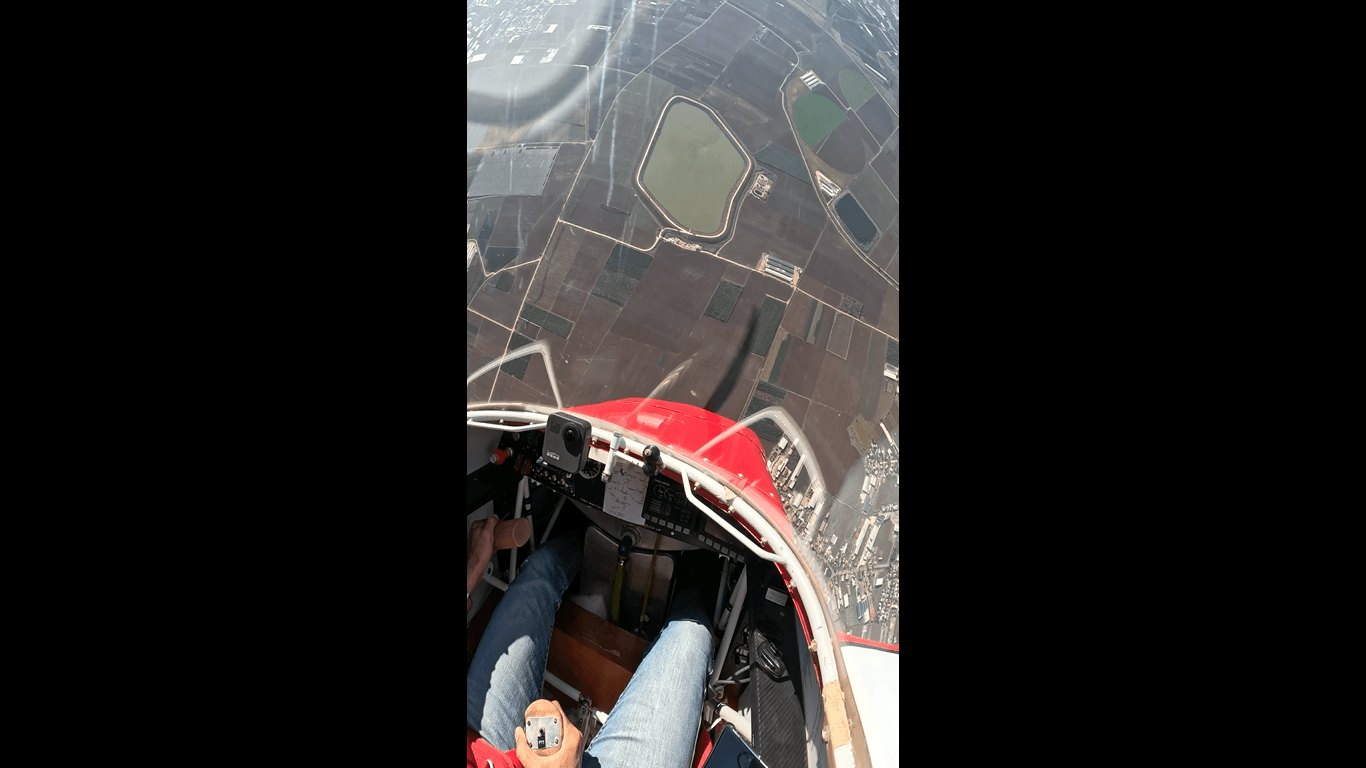 View from the cockpit of Roy's DR107 in an unusual attitude